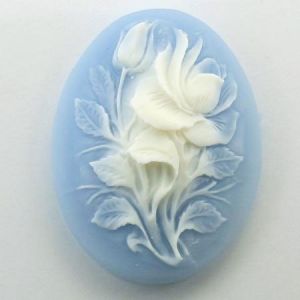 Cabochon, Resin Cameo:40x30mm Oval Blue Rose & Rose Bud [ea]