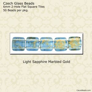 CzechMate 2-Hole Tile Beads 6mm:Light Sapphire, Marble Gold [50]