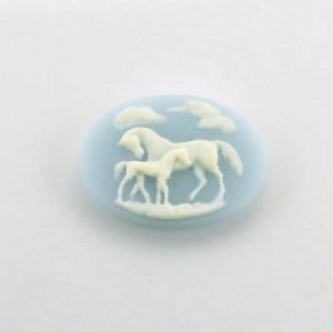 Cabochon, Resin Cameo:25x18mm Oval Blue Horse & Foal [ea]