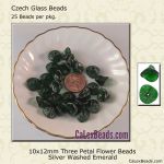 3 Petal Flower Beads:10x12mm Emerald, Silver Wash [25]