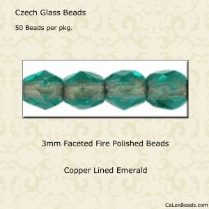 Fire Polished Beads:3mm Emerald, Copper Lined [50]
