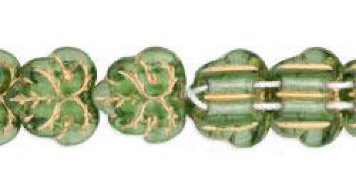 Czech Glass 13mm 2-Hole Maple Leaf Beads:Gold Inlay Peridot [25]