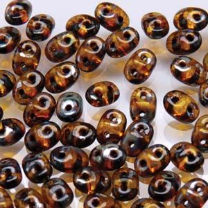 SuperDuo Beads 2.5x5mm 2-Hole:Amber, Opaque Picasso [10g]