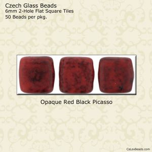 CzechMate 2-Hole Tile Beads 6mm:Red, Black Picasso [50]