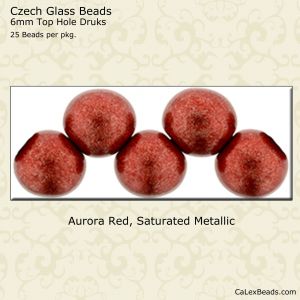 CLOSE OUT:6mm Top Hole Druk Beads, Aurora Red Saturated Metallic [25]