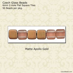 CzechMate 2-Hole Tile Beads 6mm:Apollo Gold, Matte [50]