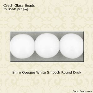 Druk Beads:8mm White, Opaque [25]