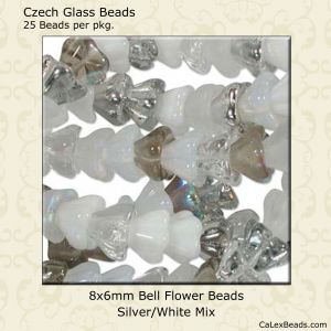 Bell Flower Beads:8x6mm White/Silver Mix [25]