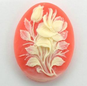 Cabochon, Resin Cameo:40x30mm Oval Cornelian Rose & Rose Bud [ea]
